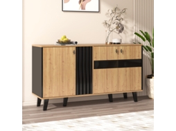Sideboard Moderno 140x78,5x41 Cm Em Madeira E Preto Com Armazenamento, Portas De Vidro E Luz Led, Design Versátil Para Sala De Estar Quenty