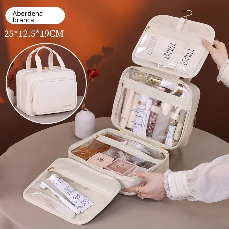 Mala de viagem portátil de várias camadas com suporte de parede e capacidade grande para maquiagem à prova d'água (amêndoa branca 25 * 12,5 * 9 cm)
