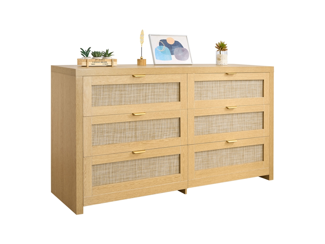 Cômoda De Rattan Com 6 Gavetas 144,5 X 45 X 79,5 Cm Cor Madeira Natural Vevor