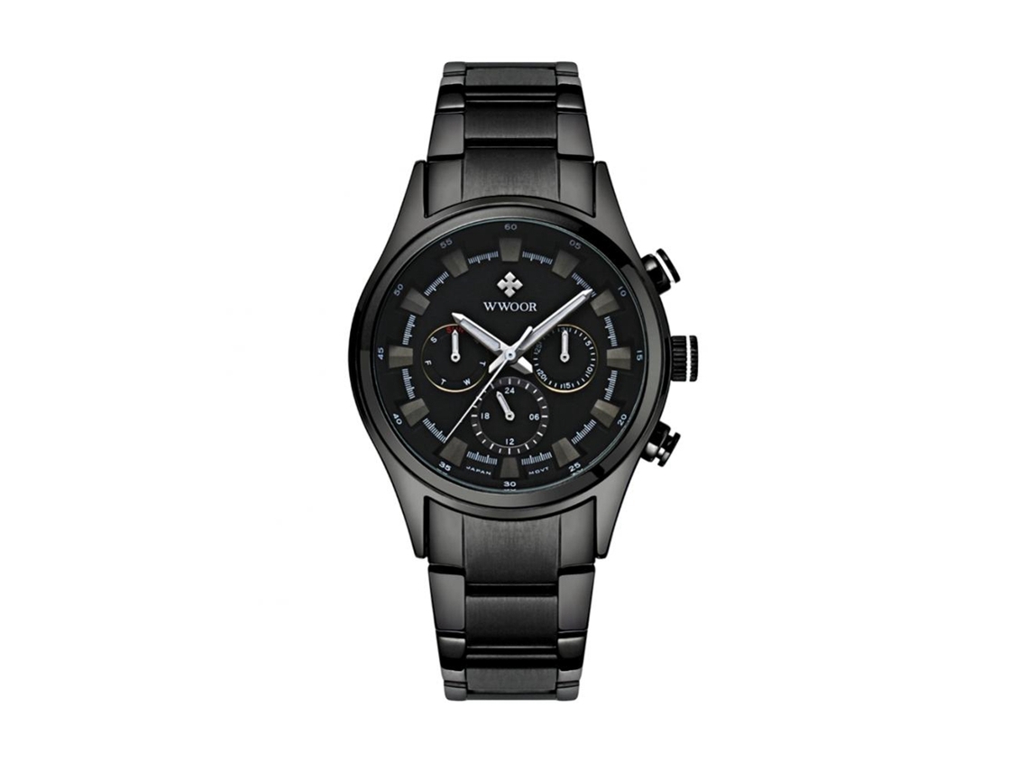Relógio de pulso masculino em aço inoxidável luminoso, à prova d'água e com mecanismo de quartzo (preto e branco)