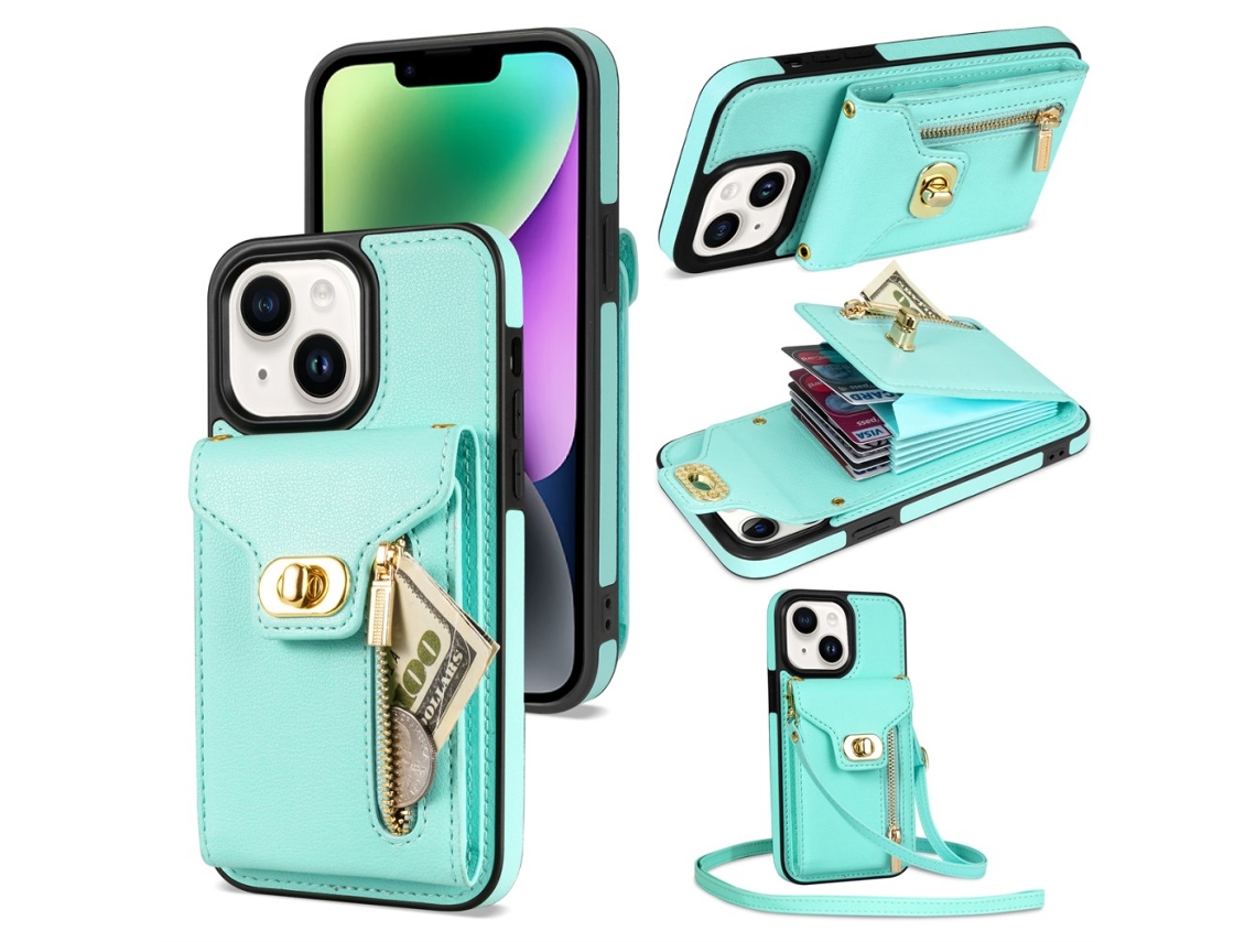 Suporte Casa Para Iphone 15 Plus Pele Sintética Com Porta-cartões Bege