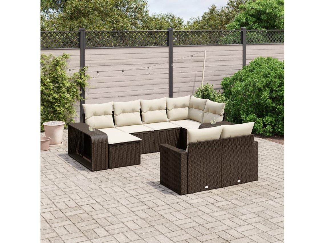 Vidaxl 10 Pcs Conj. Sofás Jardim Com Almofadões Vime Pe Castanho