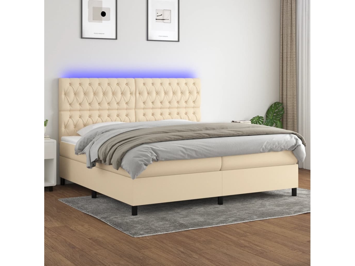Vidaxl Cama Box Spring C/ Colchão E Led 200x200 Cm Tecido Cor Creme
