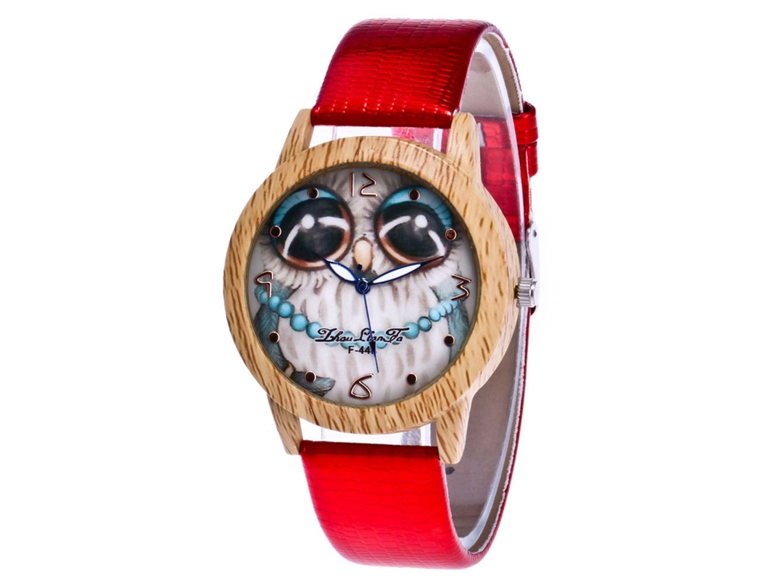 Relógio de pulso Zhoulianfa F-448 vermelho com quartzo, mostrador em formato de coruja e pulseira de PU.