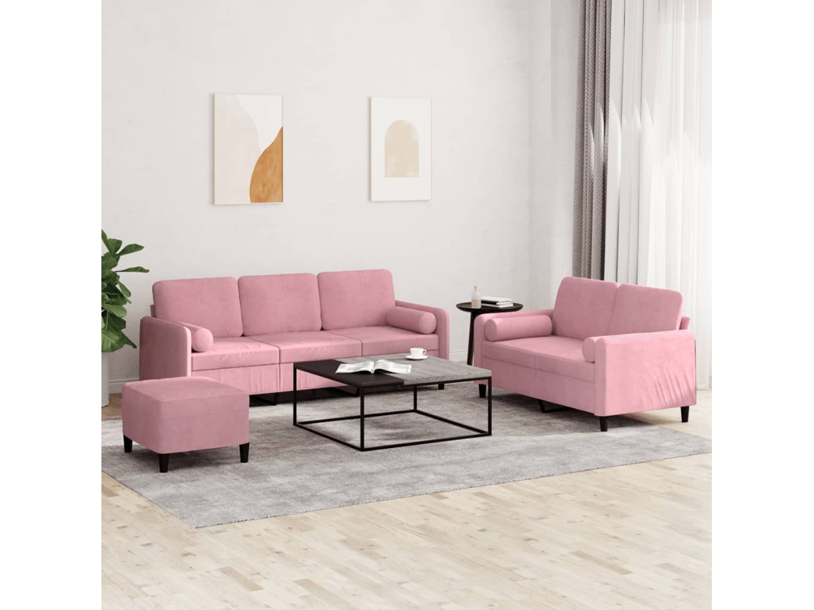 Vidaxl 3 Pcs Conjunto De Sofás Com Almofadas Veludo Rosa
