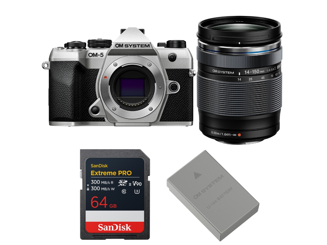 Om 5 Mark Ii Prateado + 14 150mm F/4 5.6 Ii + 1 Sandisk 64gb Extreme Pro Uhs ii Sdxc + Om System Bls 50 + Ebook Pricedirect OM SYSTEM