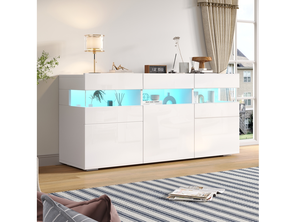 Comoda Moderna Para Sala De Estar 140 Cm, Com 3 Portas E Iluminação Led, Móvel Com Acrílico Transparente E 7 Compartimentos