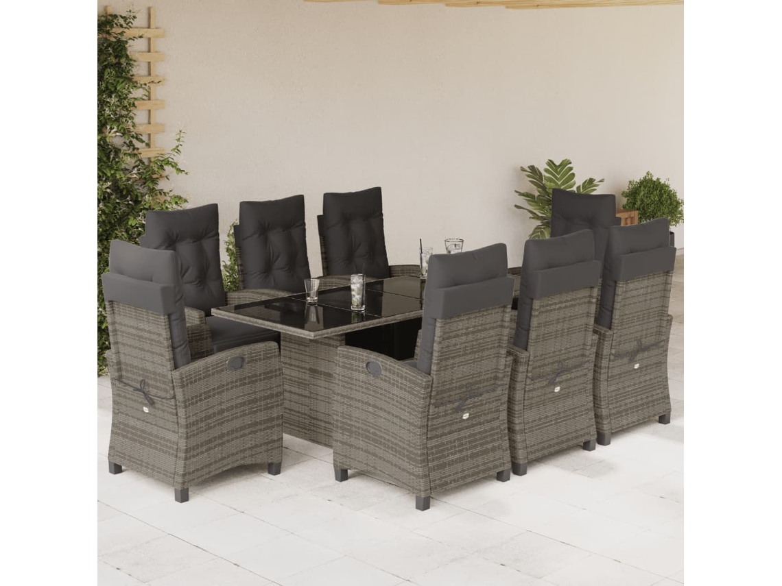 Vidaxl 9 Pcs Conjunto De Jantar P/ Jardim C/ Almofadões Vime Pe Cinza
