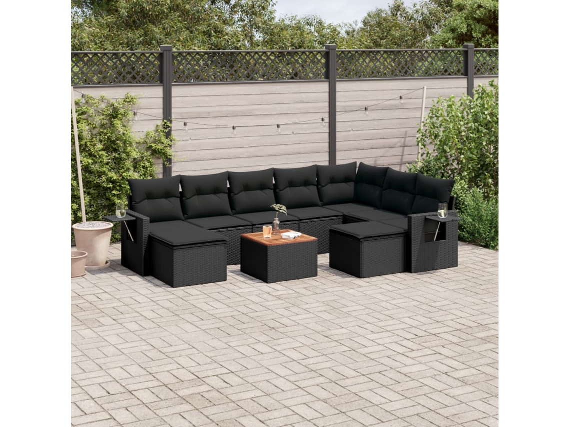 Vidaxl 10 Pcs Conjunto Sofás De Jardim C/ Almofadões Vime Pe Preto