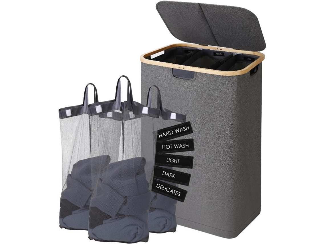 Cesto De Roupa Suja Com Alças, Dobrável, Com 3 Bolsos Internos Removíveis Para Roupas Sujas, Dobrável Em Tecido, 160 L