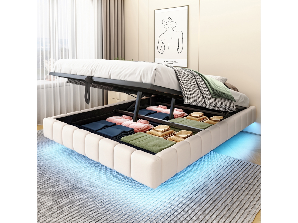 Cama Estofada 140x200cm, Cama Flutuante Hidráulica Com Baú, Multifuncional Sem Cabeceira, Luz Led, Linho Bege.