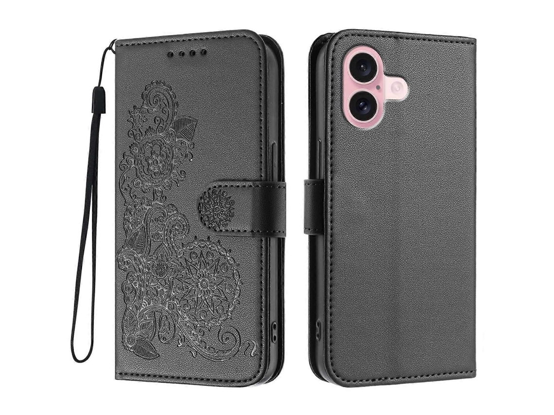 Capa De Celular Com Estampa De Mandala E Flor De Couro Para Iphone 16 Com Alça