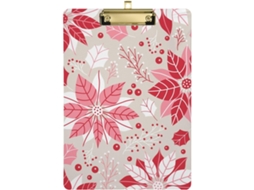 Prancheta de Plástico Listrada Vermelha com Estampa Floral Natalina para Professores do 5º Ano. 31,8 X 22,9 0,
