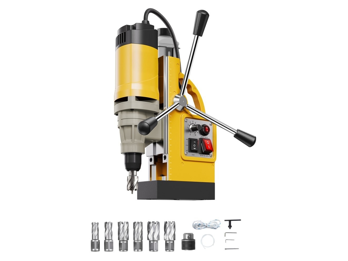 Furadeira magnética com velocidade de 0 a 650 rpm, força de 12800 NE, funções de rosqueamento e corte. Tekmaquinas.