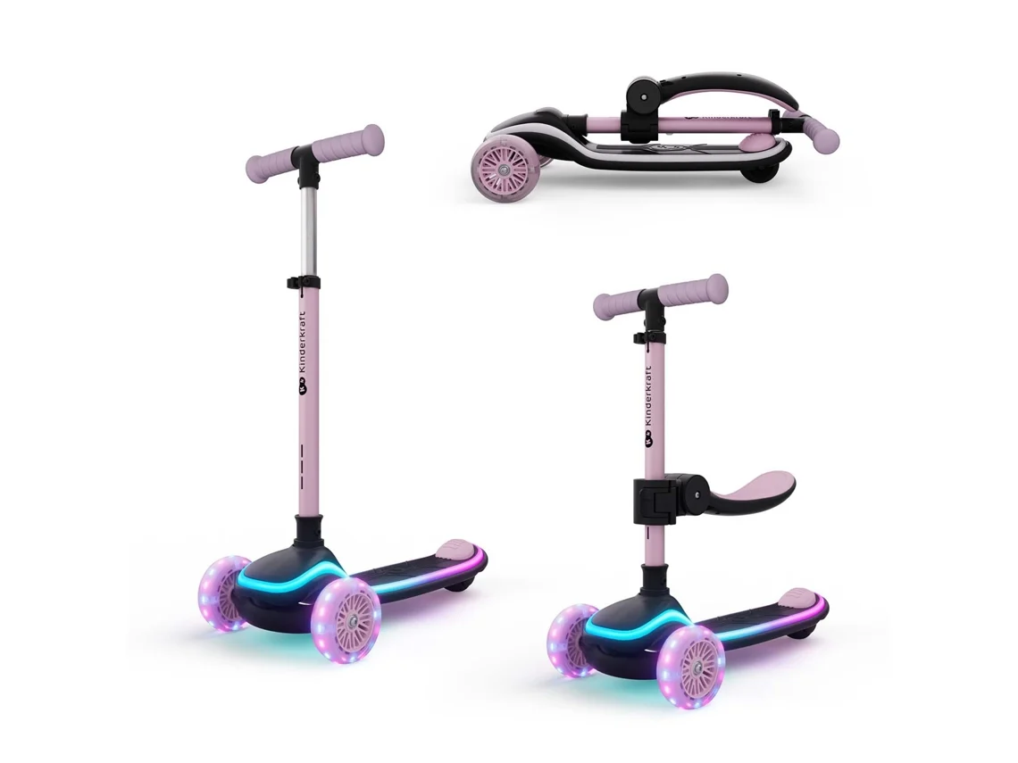 Trotinete 2 em 1 Kinderkraft RAKET UP com assento confortável, rodas em PU e fecho compacto para transporte Rosa