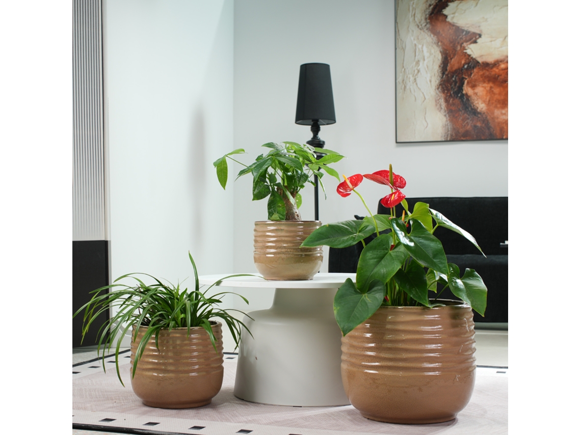 Conjunto De 3 Vasos Cerâmicos Ø36/26/20 Cm, Castanho Claro, Ranhuras Onduladas, Anti‑gelo, Drenagem, Jardim E Varanda
