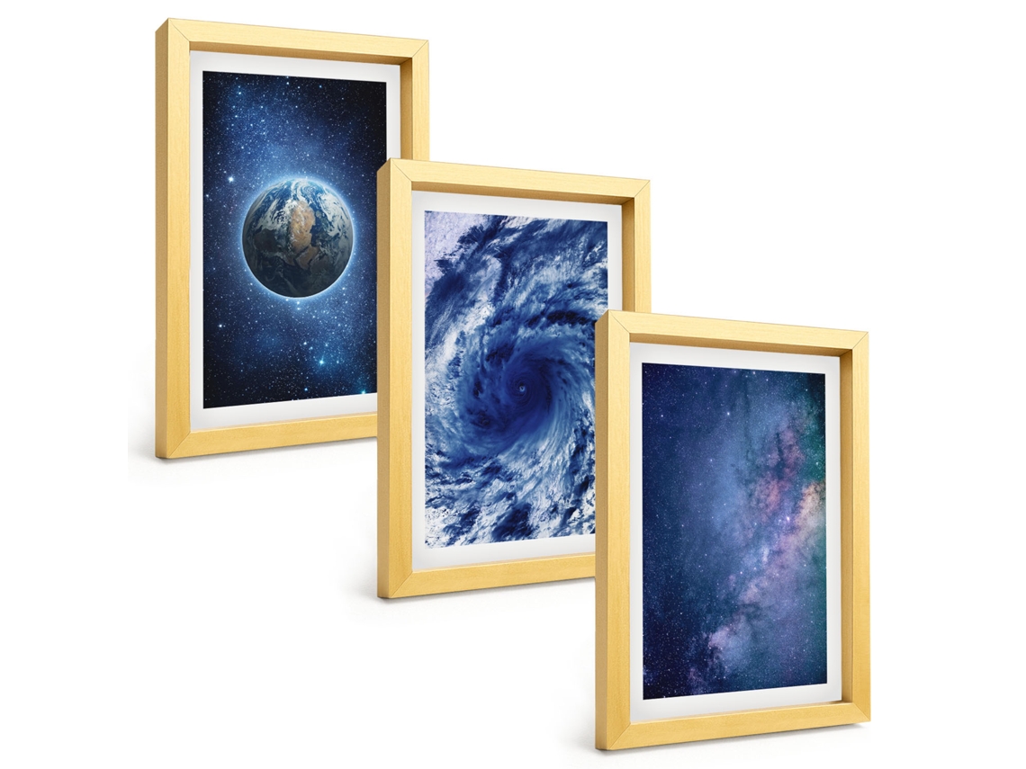 Composição De Quadros Terra, Espaço, Tempestade, Galáxia Espelharte (3 Peças 20x30 Cm)