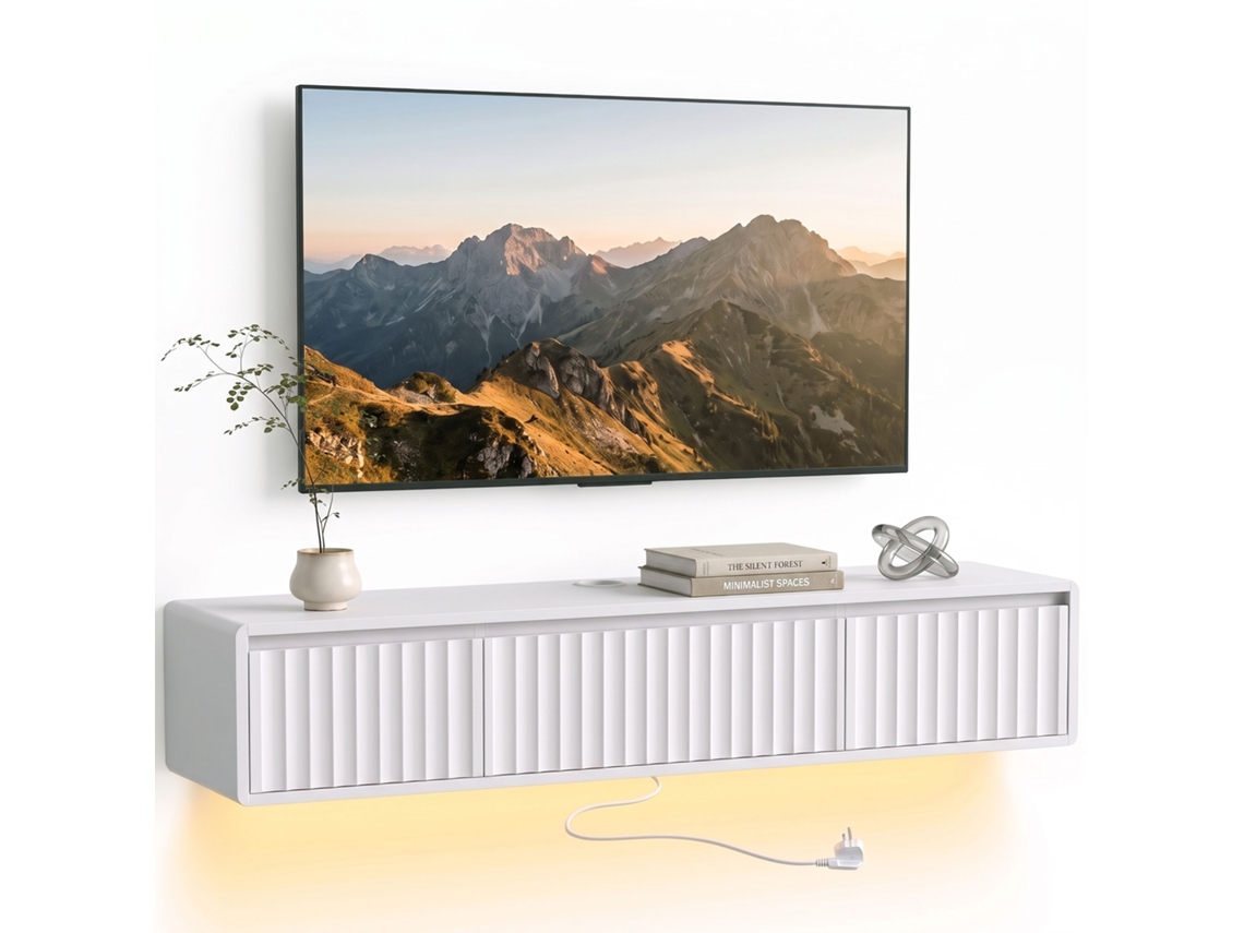 Painel De Tv Flutuante De 120 Cm Para Montagem Na Parede Com Iluminação Led E Tomadas, Suporte Para Tvs De Até 65 Polegadas, Branco.