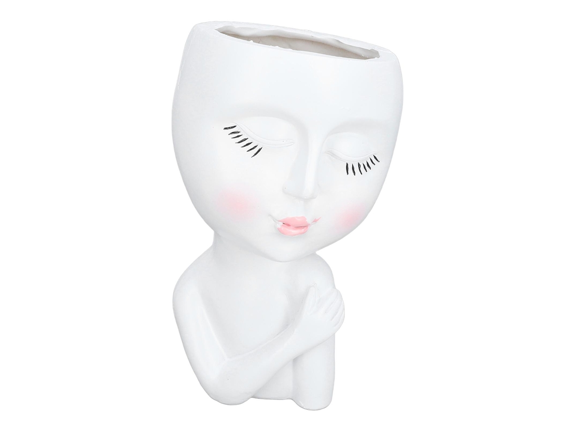 Vaso De Planta Cabeça Menina Olhos Fechados Branco Resina Drenagem