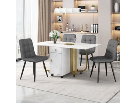 Conjunto De Jantar Com Mesa De 150x80x76cm E 4 Cadeiras Estofadas Em Linho, Design Dobrável, Tampo De Mdf Branco E Pernas Pretas.