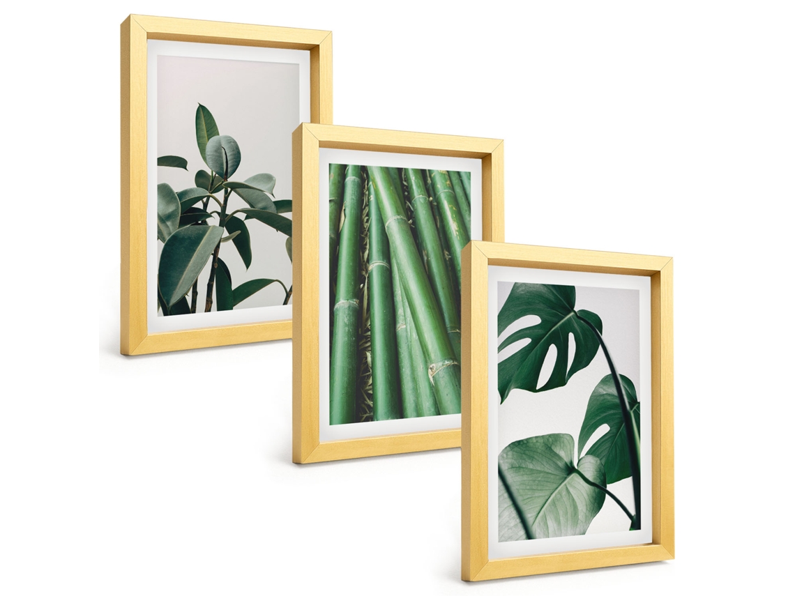 Galeria De Pinturas Muraishastes De Bambu E Folhas De Monstera Moldura Dourada Fotos Para O Escritório Espelharte (3 Peças 20x30 Cm)