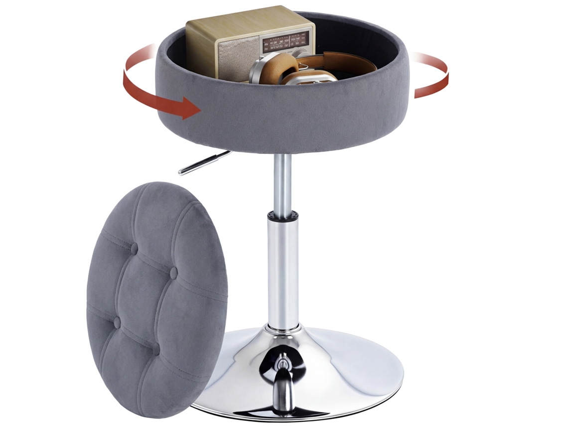 Banquinho de Penteadeira de Veludo. Banquinho Giratório com Armazenamento. Altura Ajustável de 49 a 65 Cm. Cinza Ge