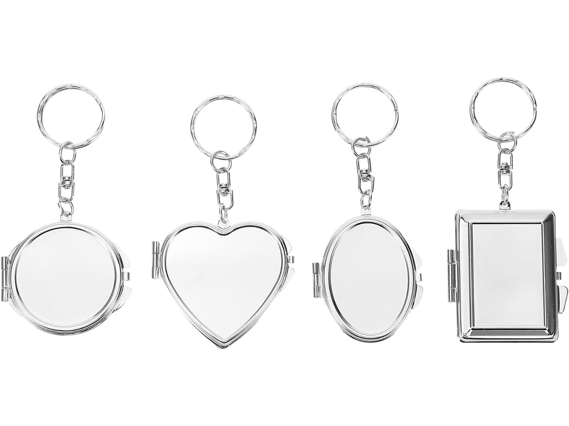 Chaveiros Com Espelho Dobrável, Conjunto De 4, Metal Dupla Face, Formatos Oval, Retangular, Circular E De Coração.