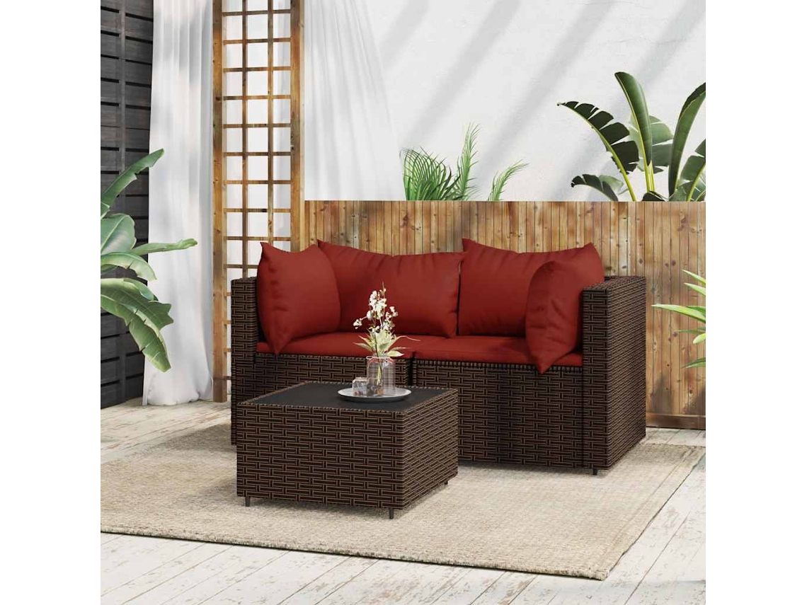 Vidaxl 3 Pcs Conjunto Lounge Jardim C/ Almofadões Vime Pe Castanho