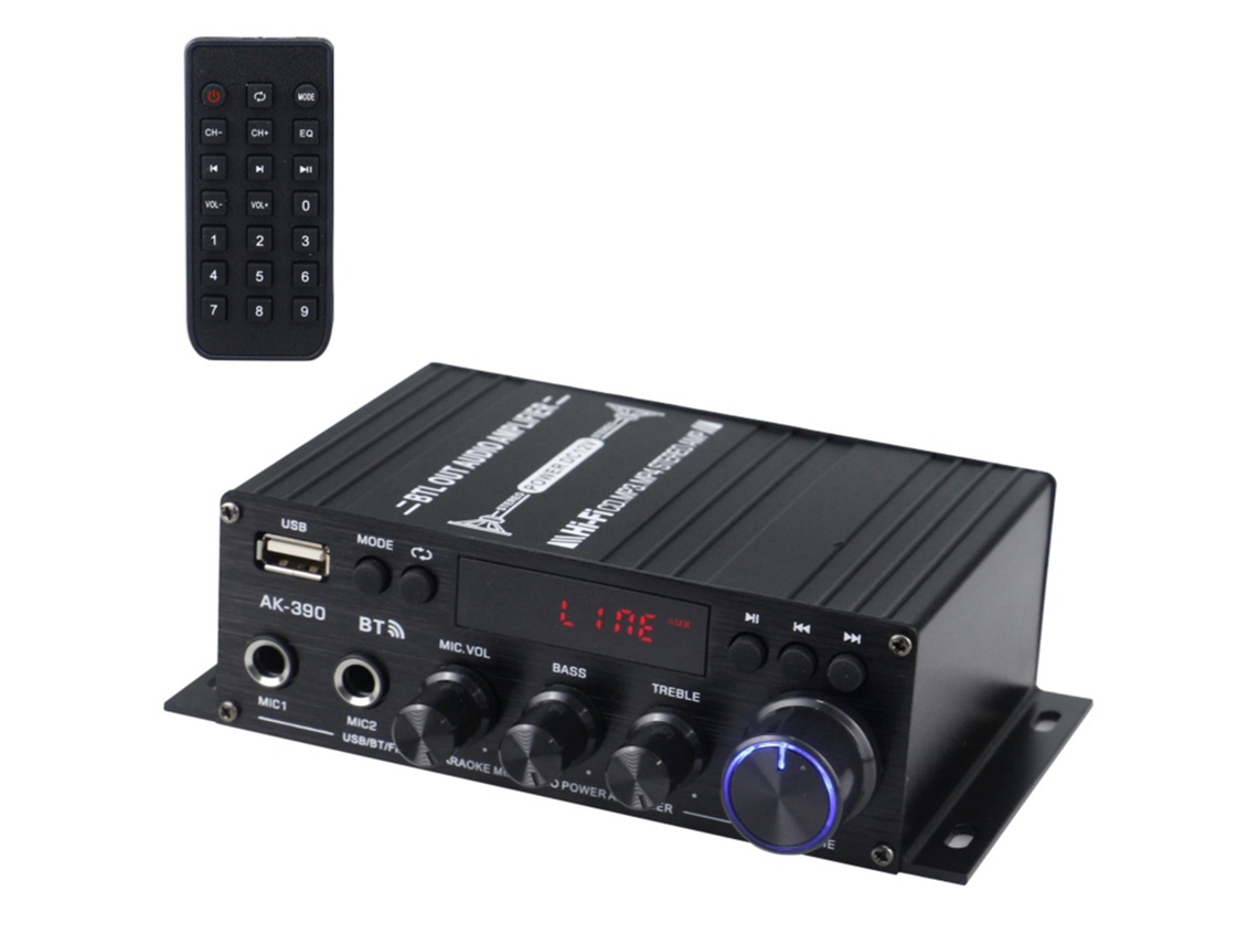 Mini Amplificador de Audio 2 Canales 40w+40w con Bluetooth, Usb, radio fm y mando a distancia lcd | MARCA