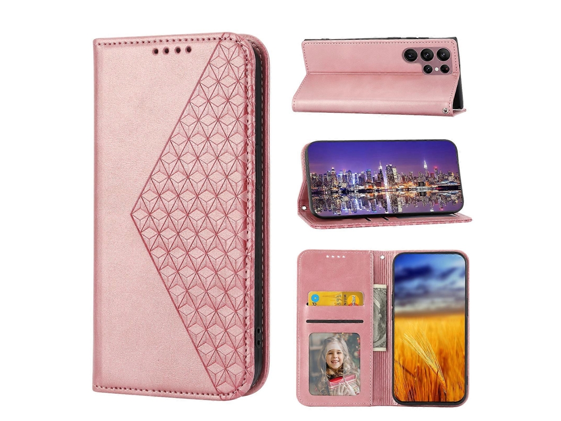Capa De Celular Em Couro Sintético Com Textura De Grade Cúbica E Revestimento Magnético Para Samsung Galaxy S23 Ultra 5g