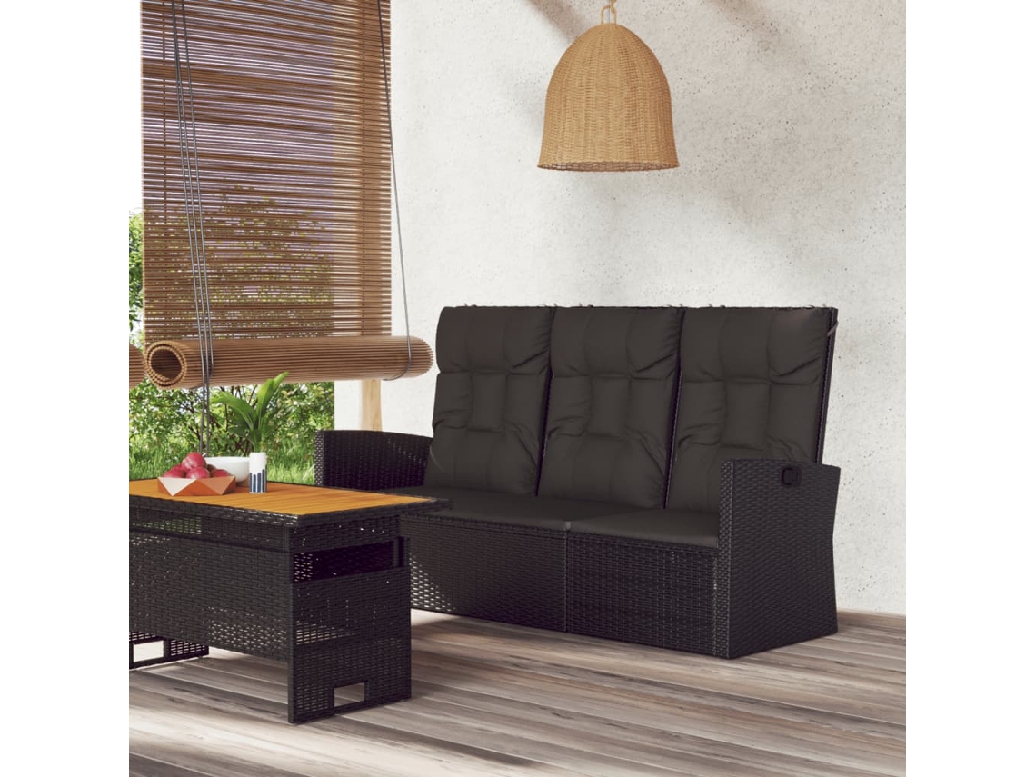 Vidaxl Banco De Jardim Reclinável Com Almofadões 173 Cm Vime Pe Preto