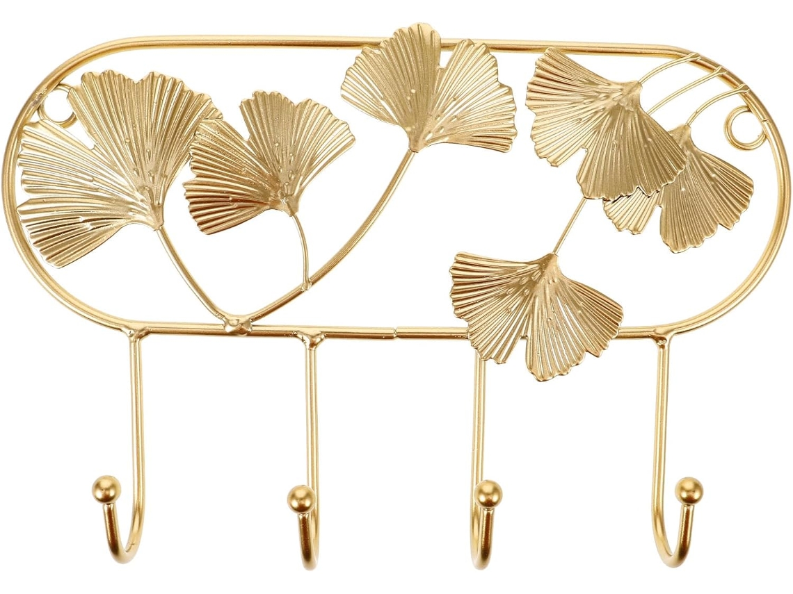 Cabide Parede Vintage Ferro Dourado 4 Ganchos Formato Folha Ginkgo Resistente Chaves Roupas Acessórios Ideal GOKOCO