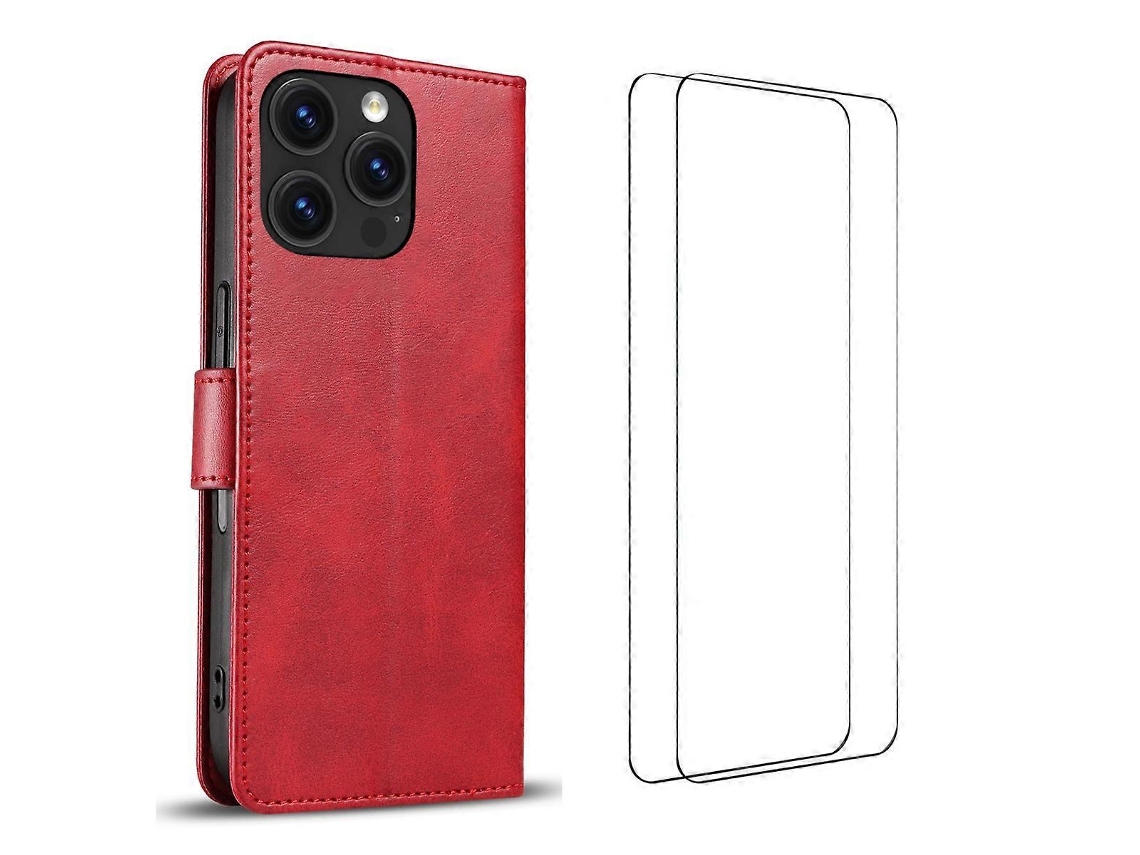 Capa Tkdaddy Para Iphone 16 Pro Com 2 Peças De Vidro Temperado Wanlonfeng Wn Series, Capa De Couro Com Textura De Bezerro, Grandes Recortes, Vermelha