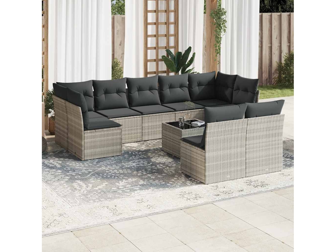 Vidaxl 10 Pcs Conj. Sofás Jardim Com Almofadões Vime Pe Cinzento-claro