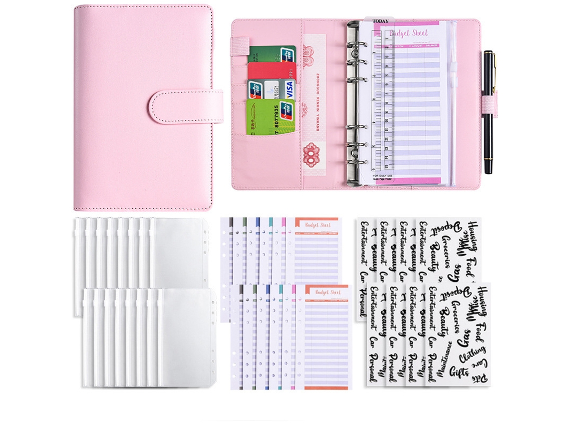 A6 Pu Leather Binder Notebook With Zipper Pouch Pastel Pink Budget Planner, Standard Gift Set 12-budget Cards + 8-zipper