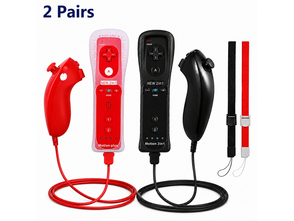 Conjunto de 2 Pares de Controladores Não Originais, Preto Vermelho, Wii Motion Plus, Alta Precisão, YANYXR