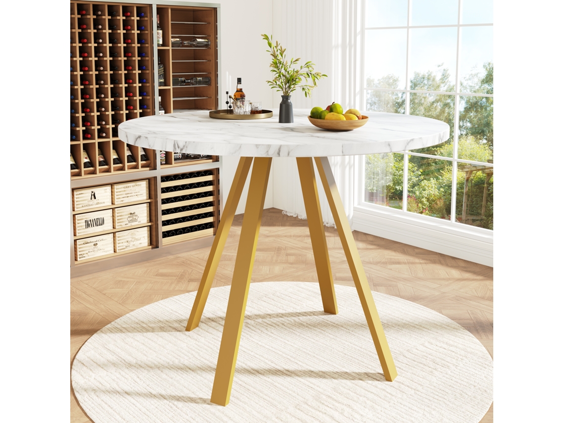 Mesa De Jantar Redonda 80x80x75cm, Metal, Mármore Branco, Pernas Douradas, Para 4 Pessoas-mh