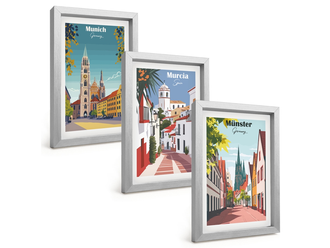 Conjunto De Pinturasdesenhos Coloridos De Cidades Europeias Moldura Prateada Quadros Para A Sala De Estar Espelharte (3 Peças 20x30 Cm)