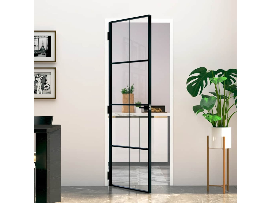 Vidaxl Porta Interior 76x201,5cm Vidro Temperado E Alumínio Fino Preto