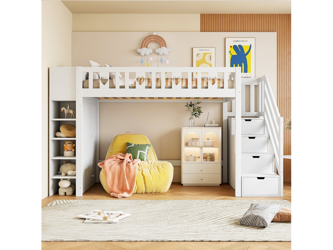 Cama beliche 90x200cm infantil com escada, gavetas, prateleiras, armário rebatível, espaço livre embaixo, branco KOMHTOM