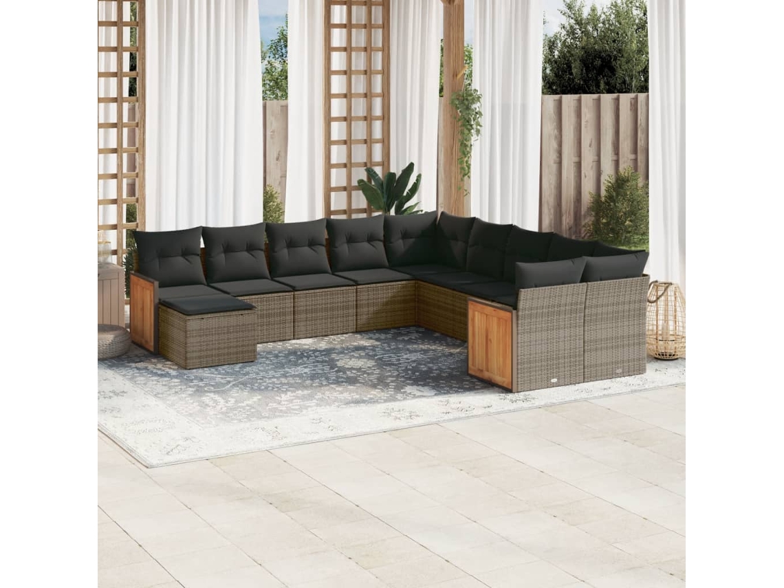 Vidaxl 11 Pcs Conjunto Sofás De Jardim C/ Almofadões Vime Pe Cinzento