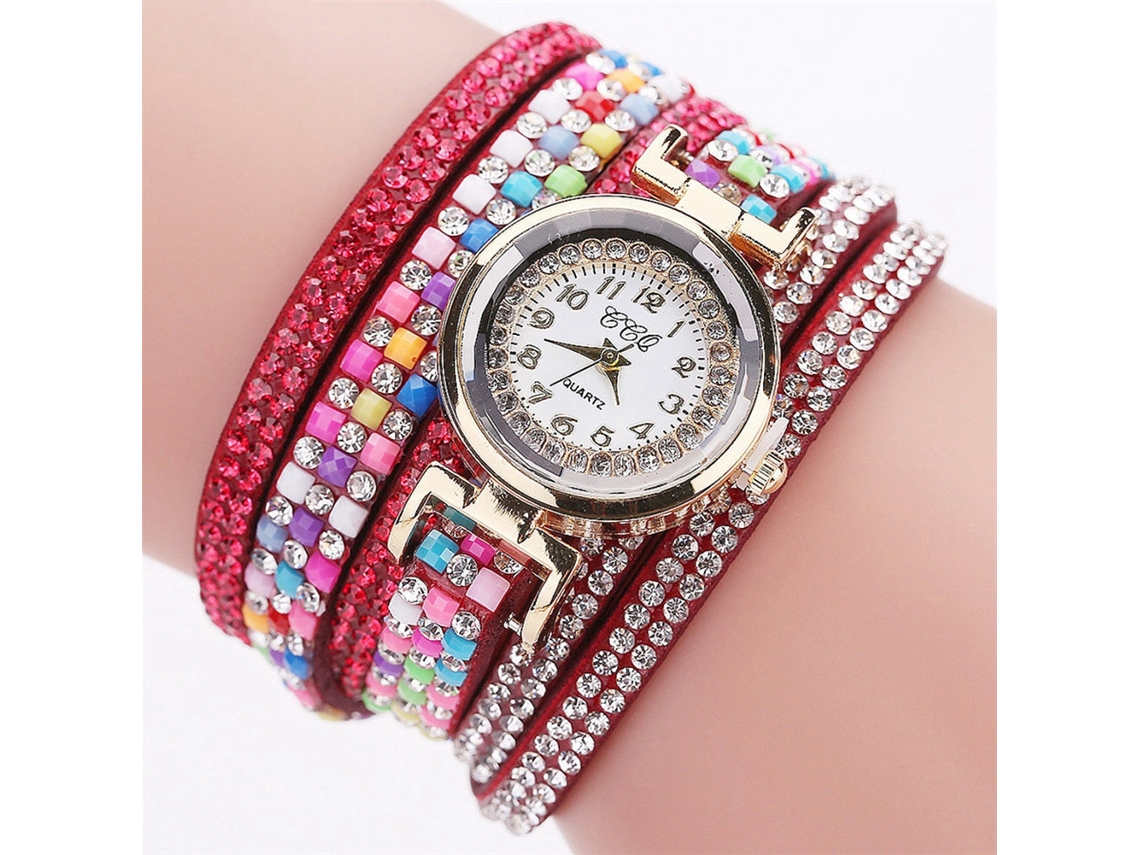 Relógio de Pulso Feminino de Quartzo com Strass Camurça Multicamadas Fashion Vermelho