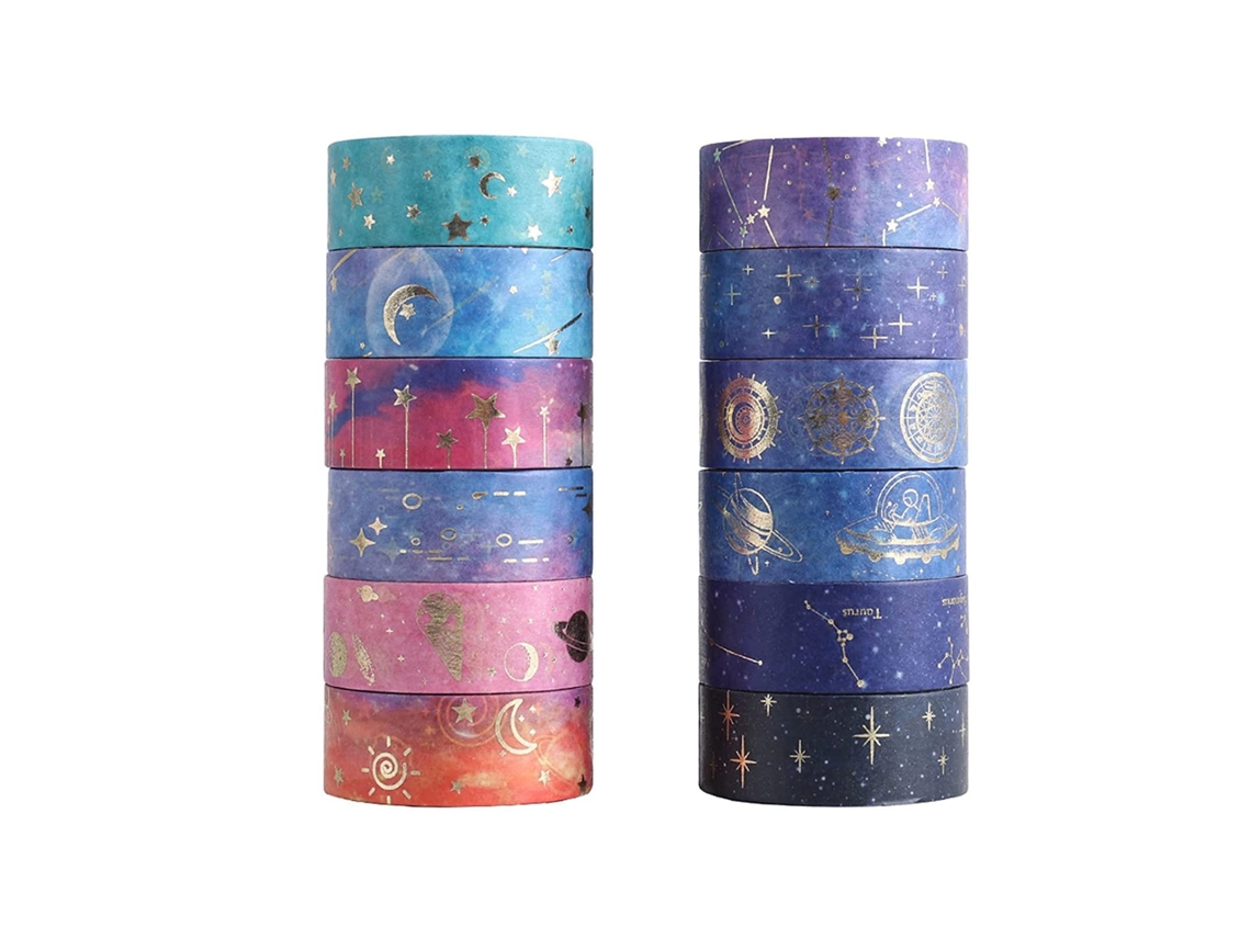 Fita Adesiva Washi, 12 Fitas Adesivas Washi, Estampa Galáxia Roxa, Scrapbooking Em Tons Pastel, De Papel Com Detalhes Dourados, Adesivos