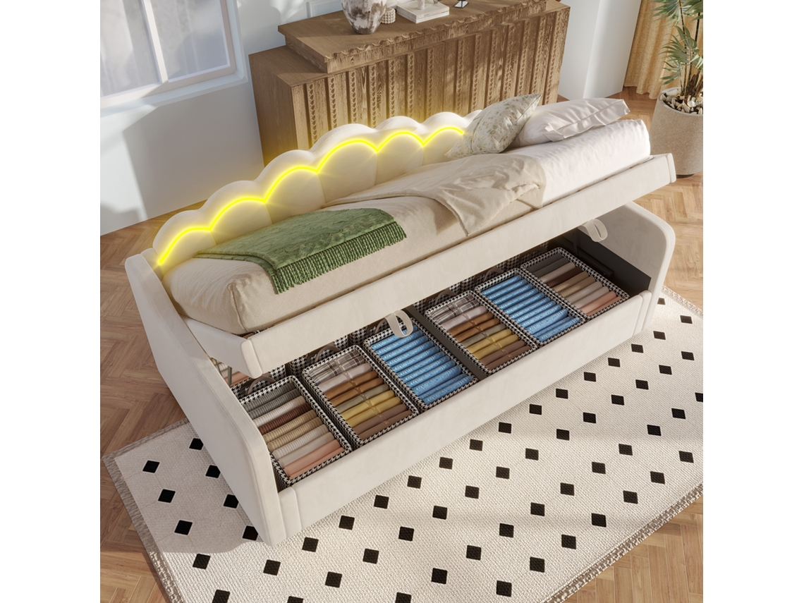 Sofá-cama Hidráulico 90x200cm Bege Com Armazenamento E Led