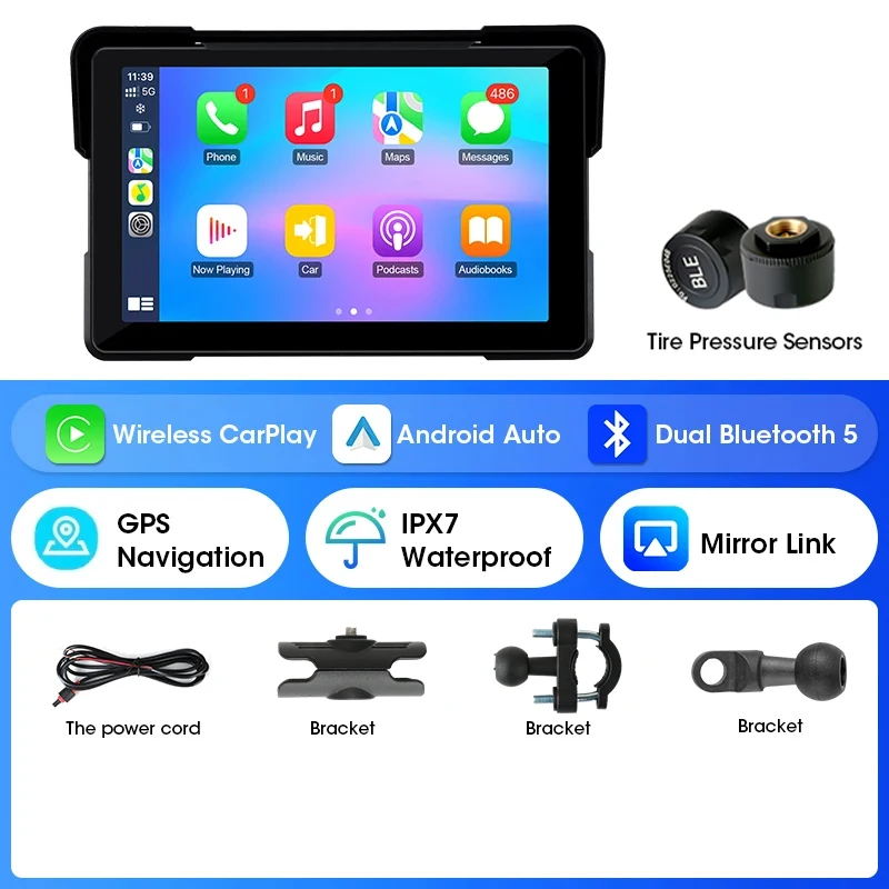 (carplay-tpms De 7 Polegadas) Navegação Para Motocicletas De 5 A 7 Polegadas, Carplay Sem Fio À Prova D'água