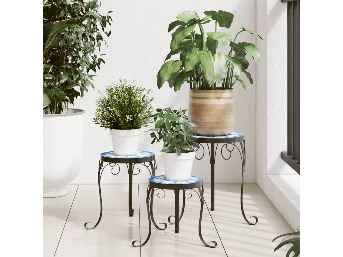 Vidaxl Suportes De Plantas 3 Pcs Cerâmica Azul E Branco