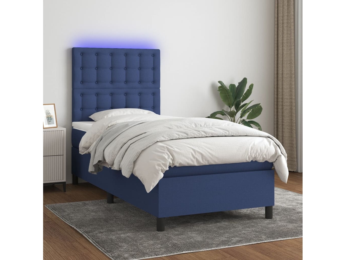 Cama Box Spring C/ Colchão E Led 90x200 Cm Tecido Azul