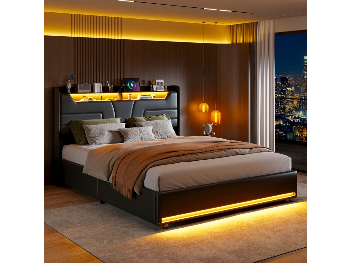 Cama Estofada 160x200cm Com Iluminação Led, Simurq, Estrutura De Cama De Casal Com Estrutura De Ripas, Cabeceira Com Compartimento De Arrumação E Usb