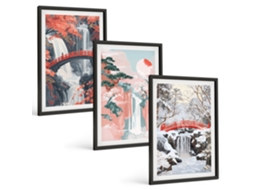 Pinturas Murais Modernas Cachoeiras Estações Do Ano Moldura Preta Quadros Para A Sala De Estar Espelharte (3 Piezas De 40x60 Cm)