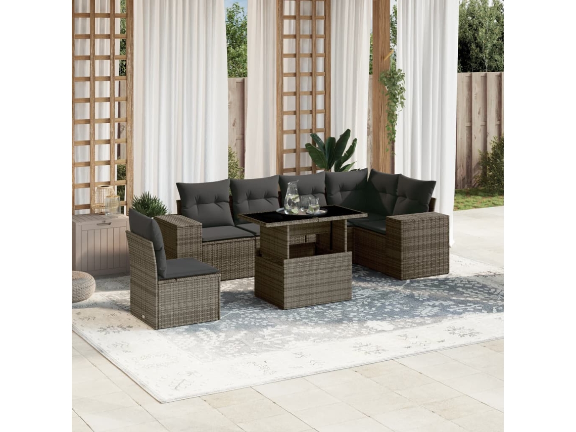 Vidaxl 7 Pcs Conjunto Sofás P/ Jardim C/ Almofadões Vime Pe Cinzento